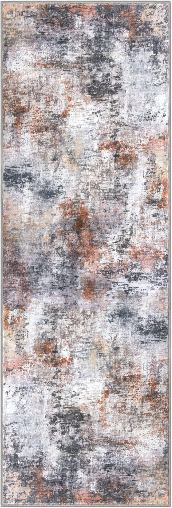 Modern Abstract Runner Rug 2x5, Grey Orange Multi Colorful Washable Kitchen Entryway Mat Non-Slip Soft Hallway Thin Print Faux Wool Carpet for Bedroom Laundry Room Indoor