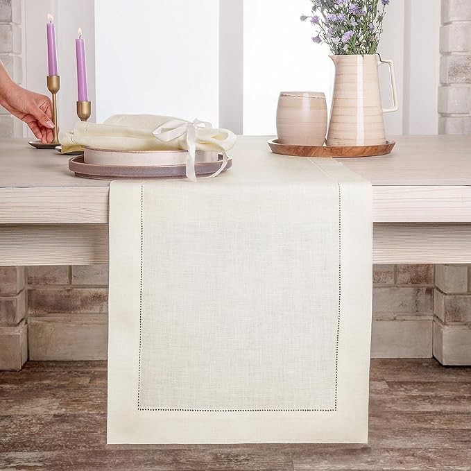 D'Moksha Homes Linen Ivory Table Runner 144 Inches Long - 100% Pure Linen Extra Long Table Runner 14 x 144 Inch for Valentines, Spring, Easter - Classic Hemstitch
