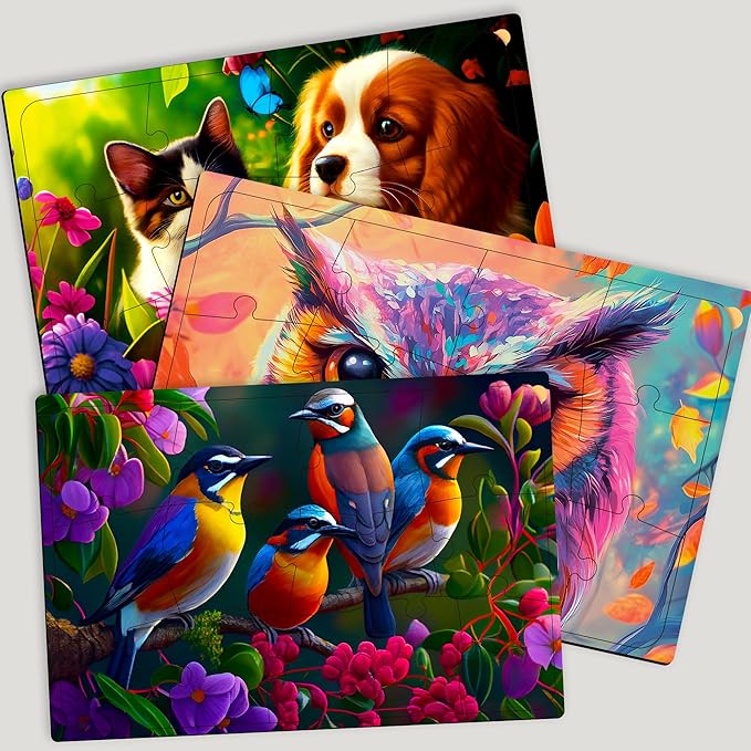 QUOKKA 13 Piece Dementia Activities for Adults - 3 Set Dementia Puzzles for Elderly - Large Piece Gifts Products for Seniors - Alzheimers Jigsaw Puzzle Games for Adults with Cat, Dog, and Birds