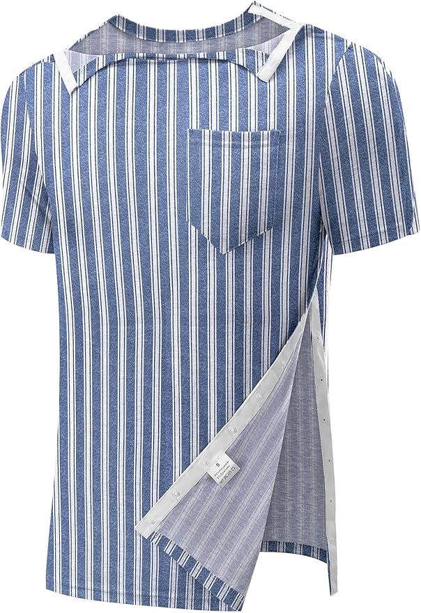Poriff Men's Post Shoulder Surgery Recovery Shirts Full Tear Away Short Sleeve Snap Chemo Port Access Shirt