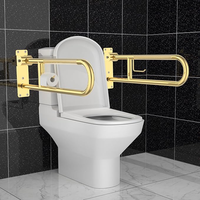 Toilet Grab Bar 30.3 Inch Gold, Munzong Anti-Slip Handicap Grab Bars with Paper Holder, Flip-Up Bathroom Safety Rails, Stainless Steel Knurled Support handrails for Seniors Elderly Disabled Pregnant