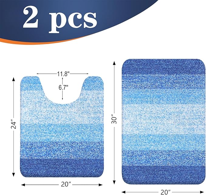 OLANLY Bathroom Rug Set 2 Piece, Soft Absorbent Microfiber Bath Mats and U-Shaped Contour Toilet Rug, Non-Slip, Machine Wash Dry, Shaggy Bath Mats for Bathroom (30"x20"+24"x20", Light Royal Blue)