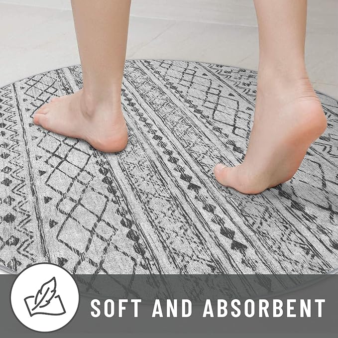 KUTA Boho Round Washable Rugs 5Ft Grey Moroccan Circle Area Rug Non-Slip Soft Distressed Geometric Carpet for Living Room Bedroom Low-Pile Entry Throw for Nursery Dorm Decor