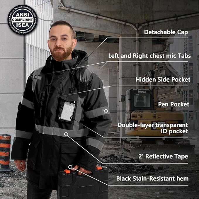 Reflective Jacket, High Visibility Parka, Waterproof Hi Vis, Safety Jacket with Removable Hood and Zipper, ANSI Class 3 (Black,XL)
