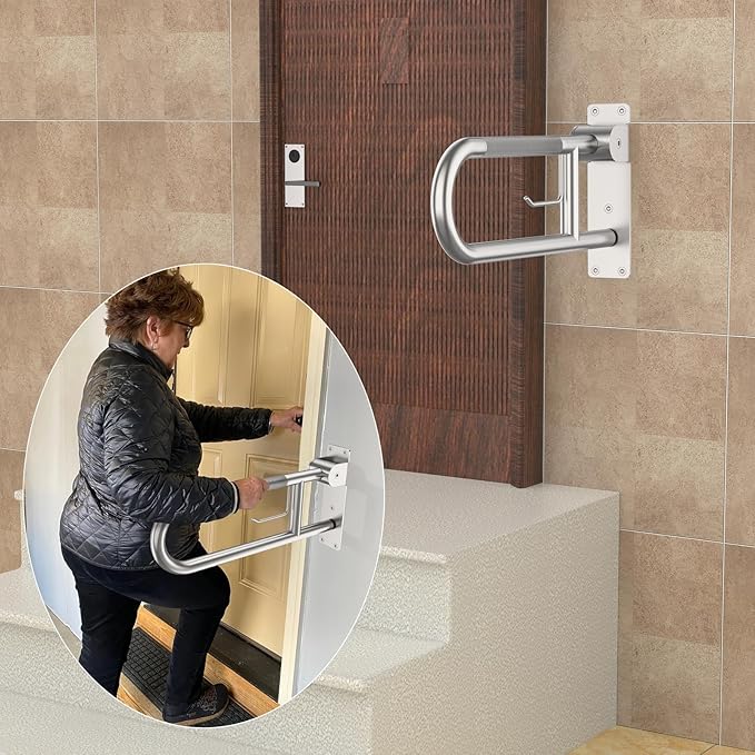 Toilet Grab Bar 22.4 Inch, YuanDe Brushed Nickel Anti-Slip Support Rail, U Shaped Flip-Up Grab Bar with Paper Holder, Stainless Steel Knurled Handicap Safety Handrails for Disabled Elderly Pregnant