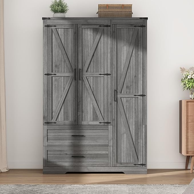 3 Doors Wardrobe Armoire Closet with Doors and Drawers, Farmhouse Wooden Armoire Storage Cabinet with Shelves & Hanging Rod for Bedroom, Grey