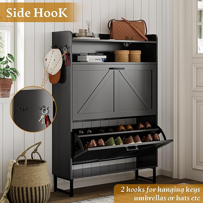 Shoe Cabinet with 2 Flip Drawers, 45" Freestanding Narrow Wood Shoe Storage Cabinet with Metal Legs and Hooks, Slim Shoe Rack Organizer for Entryway, Hallway, Black