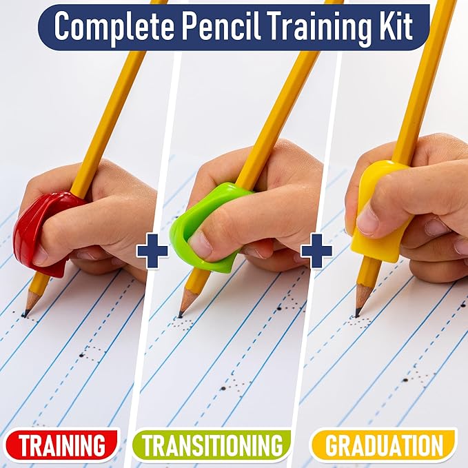 The Pencil Grip 3-Step Training Kit - Crossover Grip, Pinch Grip & Standard Pencil Grip Ergonomic Writing Aids for Kids, Students, Fine Motor Development, Assorted Colors, Pack of 3 Grips (1 per Type)