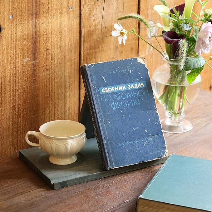 Wooden Book Holder with Drink Holder, Wooden Triangle Bookmark Reading Rest with Slotted, Book Display Bookmark Book Holder Decor for Coffee and Book Lover Gifts (Greenish Gray)