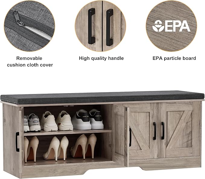 2-Tier Storage Bench, 47.2" Wide Shoe Bench with Padded Seat Cushion, Entryway Bench with 4 Barn Doors and Adjustable Shelf, Greige