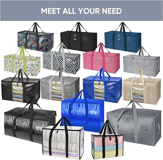BALEINE 8-Pack Oversized Moving Bags with Reinforced Handles, Heavy-Duty Storage Tote Moving Supplies for Packaging, Camping (Gray w/Window, 8-Pack)
