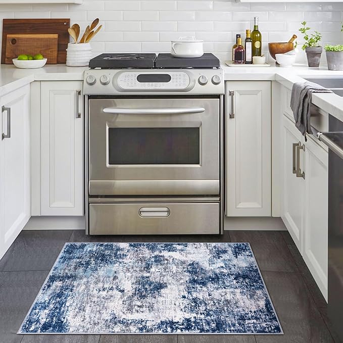 Modern Abstract Entryway Rug Indoor 2x3 Washable Non-Slip, Soft Grey Navy Blue Rug, Small Area Rug Kitchen Mat Thin Print Faux Wool Floor Carpet for Entrance Bedroom Office