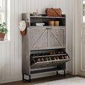 Shoe Cabinet with 2 Flip Drawers, 45" Freestanding Narrow Wood Shoe Storage Cabinet with Metal Legs and Hooks, Slim Shoe Rack Organizer for Entryway, Hallway, Grey
