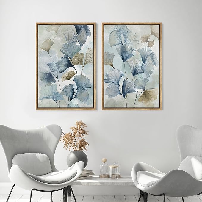 MUDECOR Framed Canvas Print Wall Art Blue Ginkgo Flower Illustrations Modern Art Decorative Bohemian Colorful Chic for Living Room, Bedroom, Office - 24"x36"x2 Natural