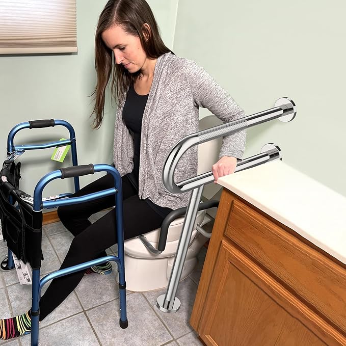 Toilet Support Rail 23.4X 28 Inch, Munzong Anti-Slip Chrome Handicap Grab Bar for Bathroom, Stainless Steel Knurled Safety handrails with Leg for Elderly Disabled Pregnant-1.25’Tube