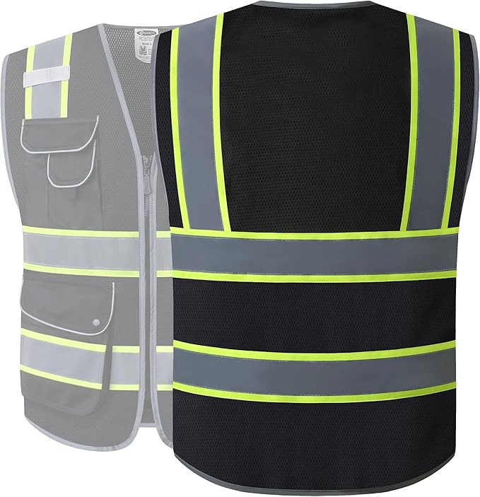 JKSafety 9 Pockets High Visibility Zipper Front MESH Black Safety Vest | Black with Dual Tone High Reflective Strips | ANSI/ISEA Standards (100-Black, XXL)