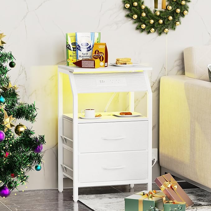 LED End Table, Nightstand with 2 Drawers and Charging Station Type C Port, Storage Fabric Dresser for Bedside, Small Side Table for Living Room Dorm, White