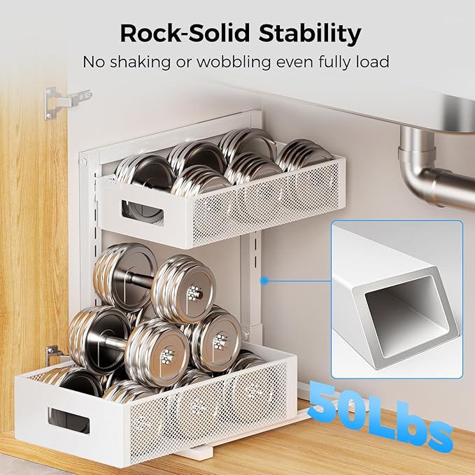 2 Pack Under Sink Organizer, Adjustable Height Under Sink Organizers and Storage, Smooth & Silent Sliding Out Metal Drawer for Kitchen Bathroom Pantry Cabinet Closet (White)