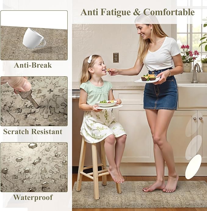 Collive Anti Fatigue Kitchen Mats for Floor, Waterproof Kitchens Sink Rugs Cushioned Comfort Standing Desk Mat, Khaki Vintage Non Slip Floral Foam Rug for Laundry, House, Office, 17.3''x28''