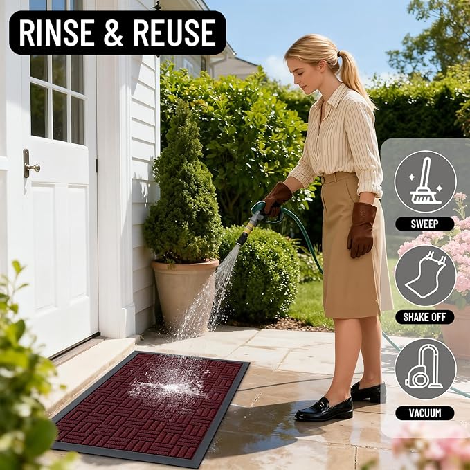 OLANLY Front Door Mat Outside Entrance 47x23, Absorbent, Heavy Duty Sturdy Natural Rubber Doormat Indoor Outdoor, Non-Slip, Stain and Fade Resistant, Low Profile Floor Mat for Entryway, Burgundy