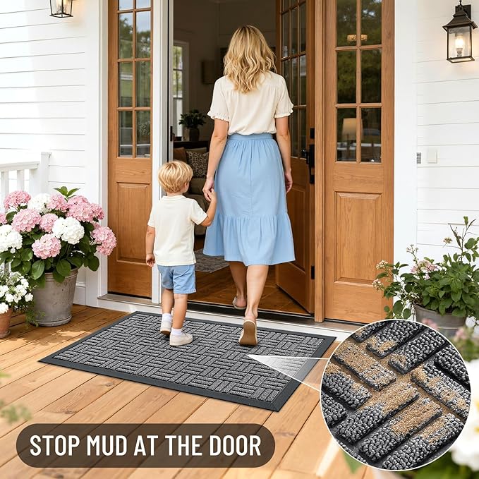 OLANLY Front Door Mat Outside Entrance 59x34, Absorbent, Heavy Duty Sturdy Natural Rubber Doormat Indoor Outdoor, Stain and Fade Resistant, Non-Slip Backing Low Profile Floor Mat for Entryway, Grey