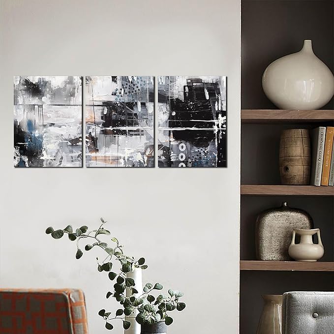 Abstract Wall Art for Living Room - Modern Black and White Wall Art for Bedroom - Home Office Wall Decor Size 12" x 16" x 3 Piece