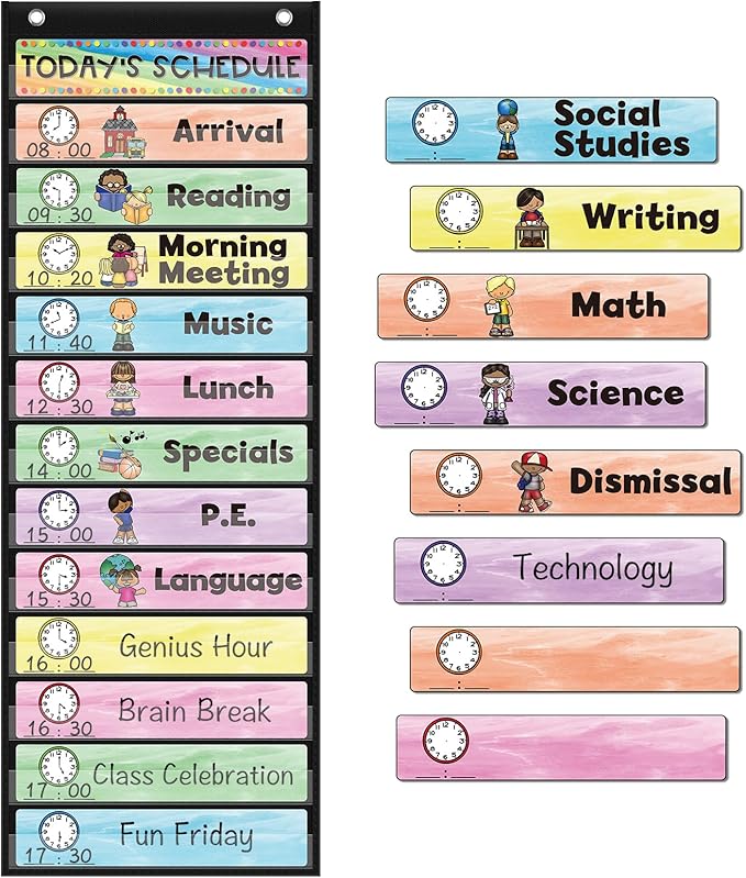 ABCxGOOD Daily Schedule Pocket Chart, Toddler Schedule Chart, 13+1 Pocket, with 21 Dry-Erase Reusable Cards Classroom Must Haves Pocket Chart