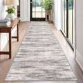 KOZYFLY Modern Abstract Washable Rug Runner 2.6x12 Hallway Rug Runner Non-Slip Soft Kitchen Runner Rugs, Grey-Beige Striped Carpet for Entryway Bathroom Laundry Room Foyer
