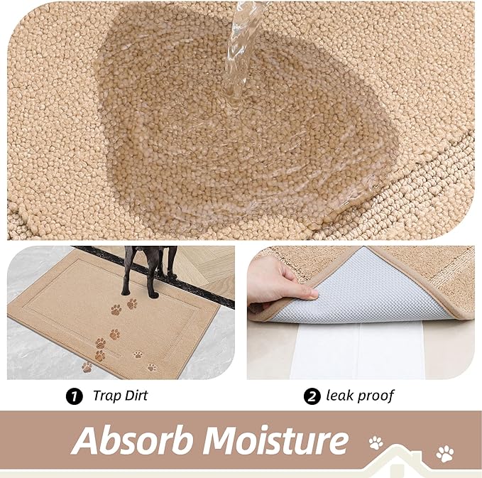 BEQHAUSE Dog Door Mat for Muddy Paws 32"x48" Dirt Trapper Absorbent Doormat Non Slip Entryway Rugs Washable Stain Resistant Welcome Floor Mat Soft Low-Profile for Front Back Door, Beige