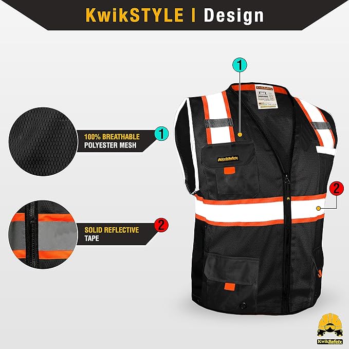 KwikSafety - Charlotte, NC - UNDERBOSS Safety Vest [11 POCKETS] Premium ANSI Class Unrated High Visibility Vest Construction Surveyor Reflective Vest Industrial Work Safety Vest for Men/Black Medium