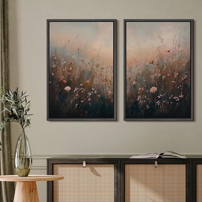 MUDECOR Framed Canvas Print Wall Art Forest and Lake Landscape Vintage Nature Scenery Illustrations Modern Art Decorative Bohemian Chic for Living Room, Bedroom, Office - 16"x24"x2 Black