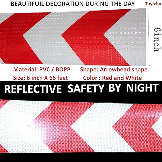 Red and White Reflective Tape Outdoor Waterproof 6 inch X 66 feet, High Visibility Hazard Conspicuity Safety Marking Tape