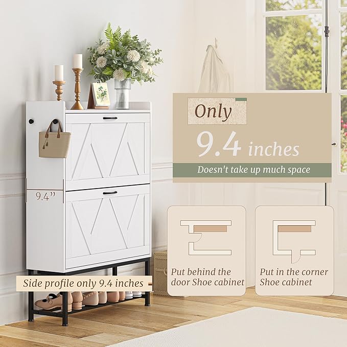 Narrow Shoe Storage Cabinet with 2 Flip Drawers & Adjustable Shelf for Entryway, Freestanding Hidden Slim Shoe Organizer Rack, White