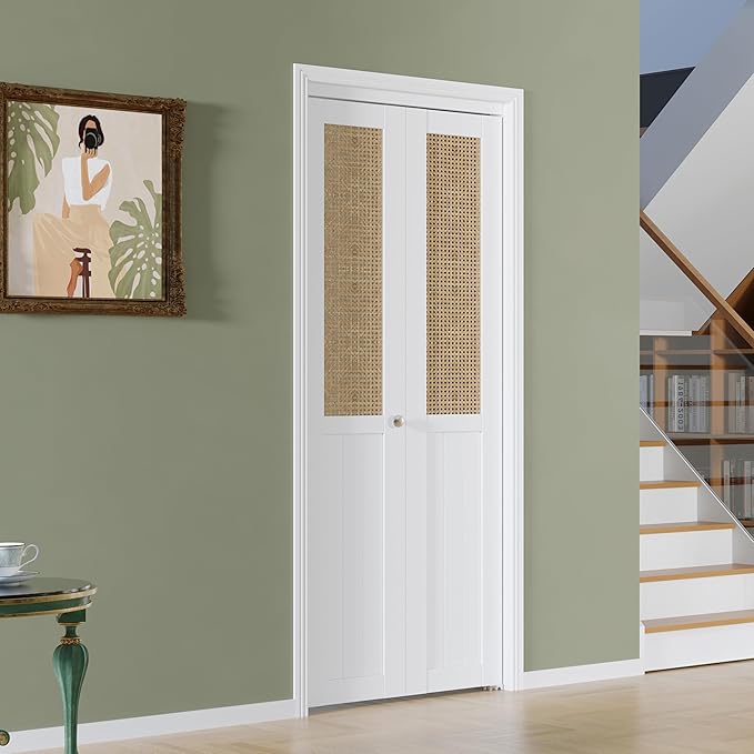 BARNER HOME Cane Bi-fold Doors - for 30in.x 80in.Door Opening, Webbing & Wood Folding Closet Doors with Hardware Kits, MDF, White Multifold Interior Doors