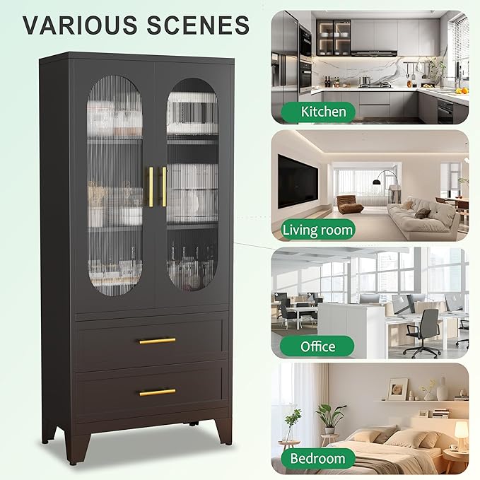 Metal Garage Storage Cabinet, Kitchen Pantry Storage Cabinet with 2 Drawers and 2 Adjustable Shelves Versatile Storage for Homes Offices Gym Basement Warehouse (Black)
