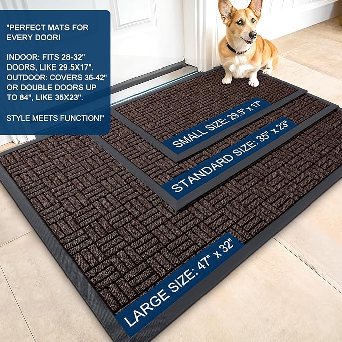 OLANLY Front Door Mat Outside Entrance 35x23, Absorbent, Heavy Duty Sturdy Natural Rubber Doormat Indoor Outdoor, Stain and Fade Resistant, Non-Slip Backing Low Profile Floor Mat for Entryway, Brown