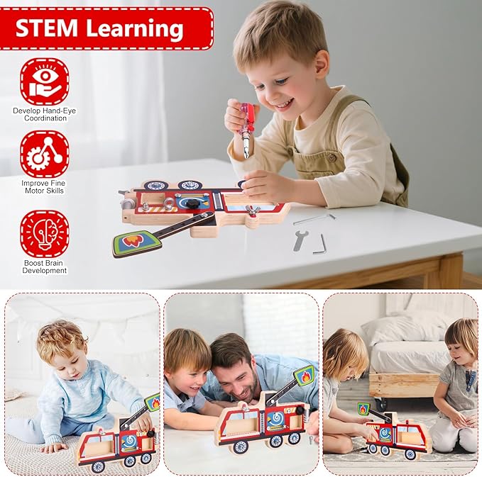 Montessori Screwdriver Busy Board Fire Truck – Wooden STEM Fine Motor Skills Sensory Learning Toy for Kids Ages 3–6, Great Gift for Boys and Girls