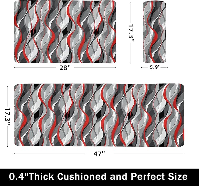 Kitchen Mats for Floor Modern Abstract kitchen rugs Grey and Red Stripe Anti Fatigue Kitchen Mats Waterproof Floor Mats Cushioned Non-Skid Standing Mats for Kitchen, Set of 2,17.3 x 28+17.3 x 47