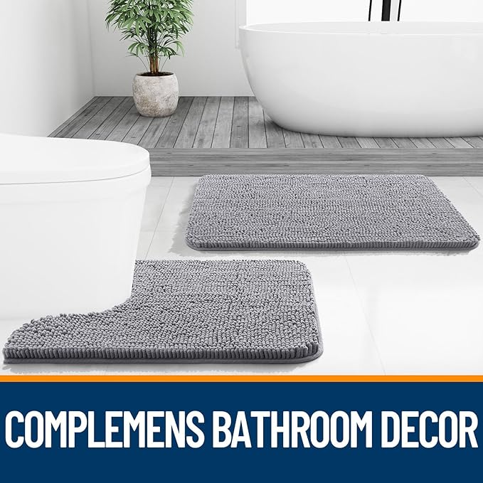 OLANLY Bathroom Rugs Sets 2 Piece, Soft Absorbent Chenille Bath Mats Area Rug Set, Non-Slip, Quick Dry, Machine Washable Bath Mats for Bathroom, Home Decor Accessories (30"x20"+24"x16", Grey)