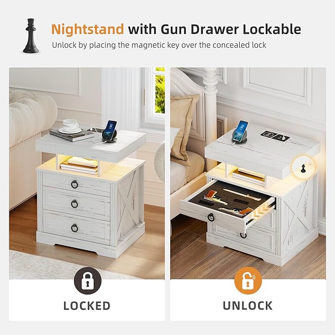 Gurexl Farmhouse Night Stand with Lockable Gun Drawer,LED Nightstand with Charging Station,Bedside Table with Human Sensor 3-Color Lights,End Table with 3 Drawers,Bedroom,White