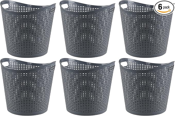 Kiddream 6 Pack Plastic Laundry Clothes Hamper Baskets, Large Storage Baskets for Organizing, 30 Liters Capacity, Dark Grey