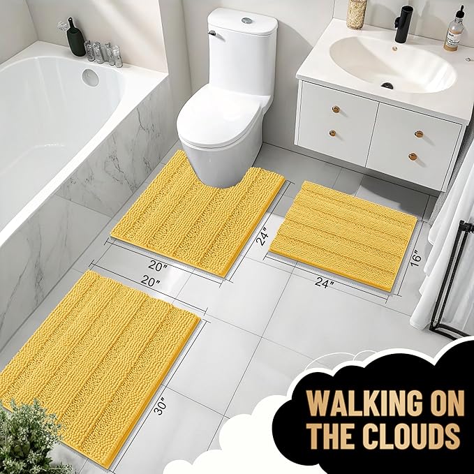 OLANLY Thick Bathroom Rugs 24x16, Extra Soft Absorbent Chenille Striped Bath Rugs, Rubber Backing, Machine Wash Dry, Bath Mats for Bathroom Floor, Tub and Shower, Home Decor Accessories, Yellow