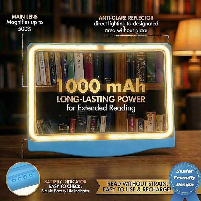 MagniPros 5X Rechargeable Large Ultra Bright LED Page Magnifier with Anti-Glare Lens & 3 Color Light Modes, Relieve Eye Strain- Ideal for Reading Small Prints, Low Vision, Seniors