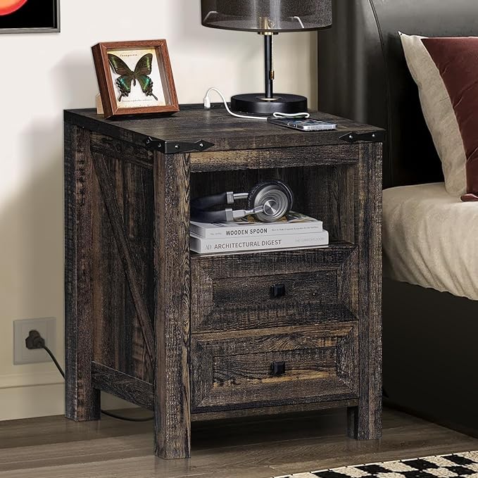 Nightstands Set of 2 with Charging Station, Farmhouse Night Stand with 2 Drawers and Shelf Storage, Wooden Side End Table, Bedside Cabinet for Bedroom, Living Room, Closet,Office (Dark Drey)