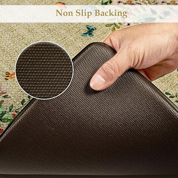 KIMODE Kitchen Mats Cushioned Anti Fatigue, Summer Farmhouse Flower Kitchen Rugs Sets of 2, Padded Kitchen Floor Mats, Non Slip Standing Mats for Sink Laundry Office Desk Brown 20"x47"+20"x32"