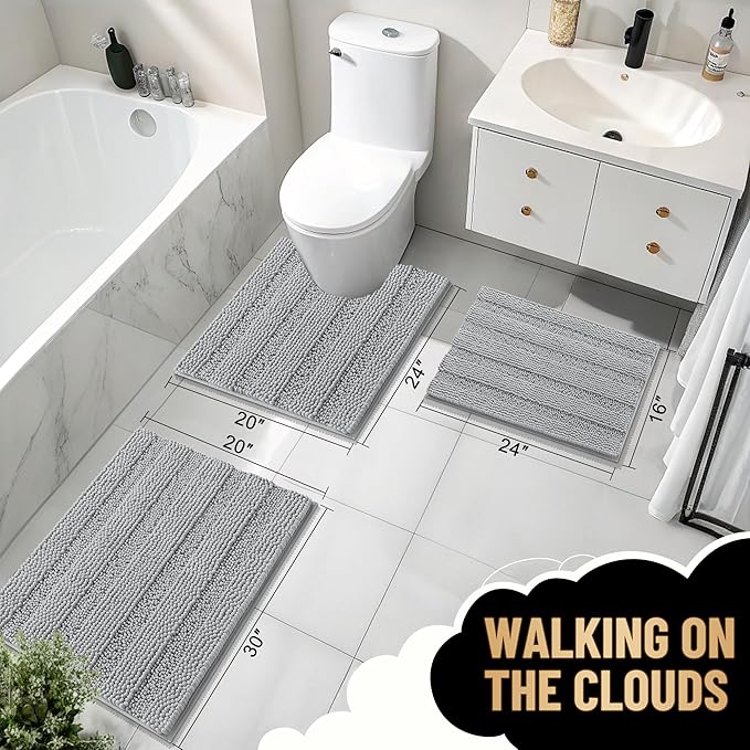 OLANLY Thick Bathroom Rugs 24x16, Extra Soft Absorbent Chenille Striped Bath Rugs, Rubber Backing, Machine Wash Dry, Bath Mats for Bathroom Floor, Tub and Shower, Home Decor Accessories, Light Grey