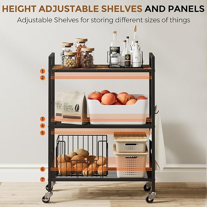 3-Tier Metal Storage Rack with Industrial Wheels,Mesh Shelving Unit with Wooden Table top,Adjustable Shelf,23.6-Inch Width,for Kitchen,Laundry,Pantry,Plant,Black