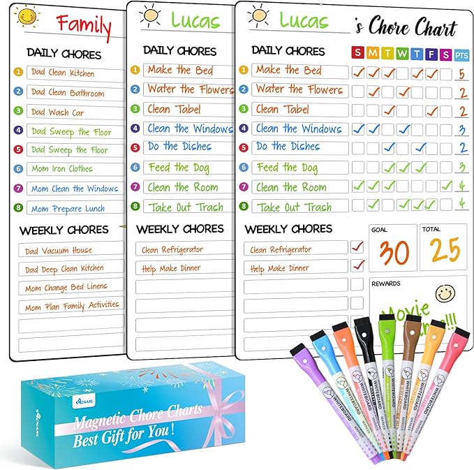Magnetic Chore Chart for Kids with 8 Markers,3 Pack 8"x12" Chore Chart for Kids Multiple Kids, Behavior Chart for Kids at Home, Responsibility Chart for Kids/Teens/Adults, White Chore Board