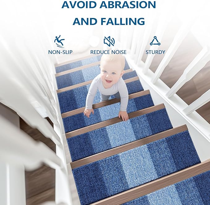 OLANLY Stair Treads Non Slip 15PCS, 8" x 30" Indoor Stair Runners for Wooden Steps, Edging Stair Rugs with Reusable Peel and Stick Adhesive for Kids Elders and Pets, Navy