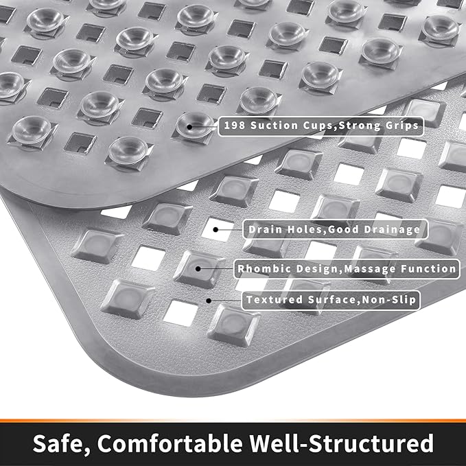 Yimobra Bathtub Mat Non Slip, Super Strong Suction Cups, 27.5"x15.5" Long Shower Mat with Drain Holes, Machine Washable Fast Draining Bath Mats, Bathroom Essentials,Clear Gray